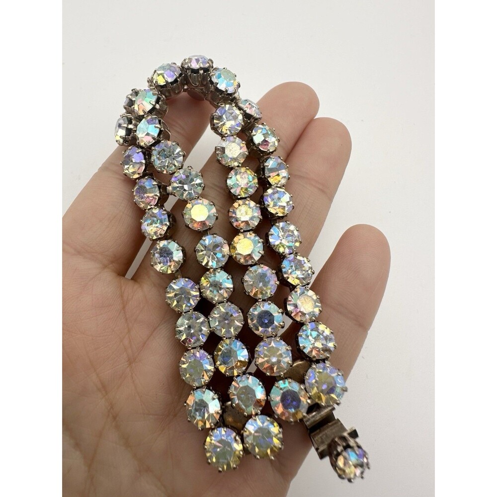Vintage Weiss AB Rhinestone Bracelet Gold Tone Signed 6.5”